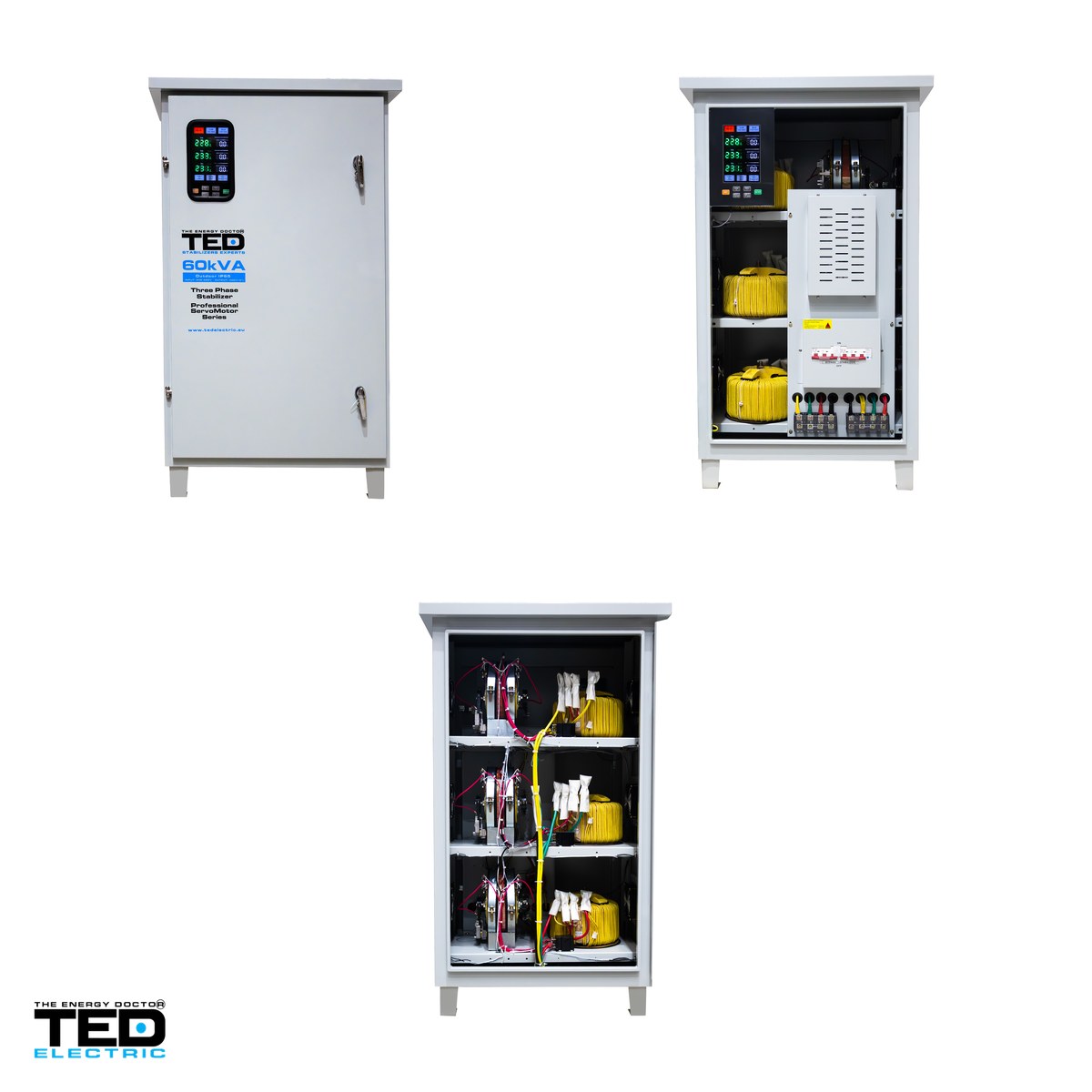 Stabilizator tensiune trifazat cu servomotor TED Electric TNS-60kVA (TED007490), 60 kVA / 48 kW, intrare 242-520 V, precizie +/-3%, bloc terminale, carcasa IP65 de exterior, pe roti [3]