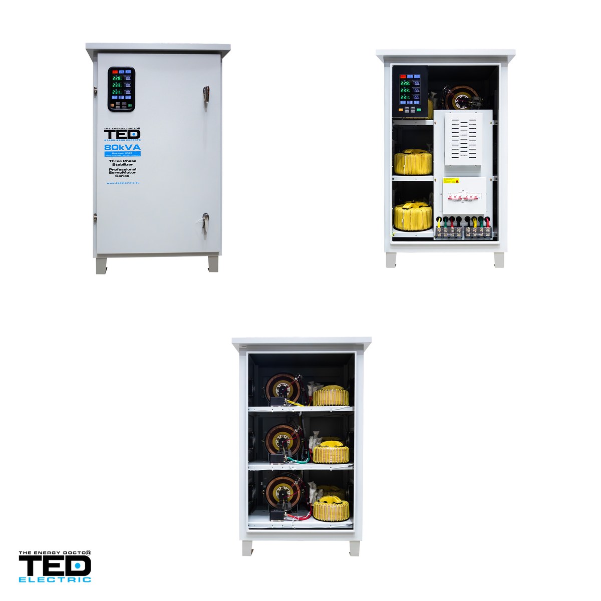 Stabilizator tensiune trifazat cu servomotor TED Electric TNS-80kVA (TED007513), 80 kVA / 64 kW, intrare 242-520 V, precizie +/-3%, bloc terminale, carcasa IP65 de exterior, pe roti [3]
