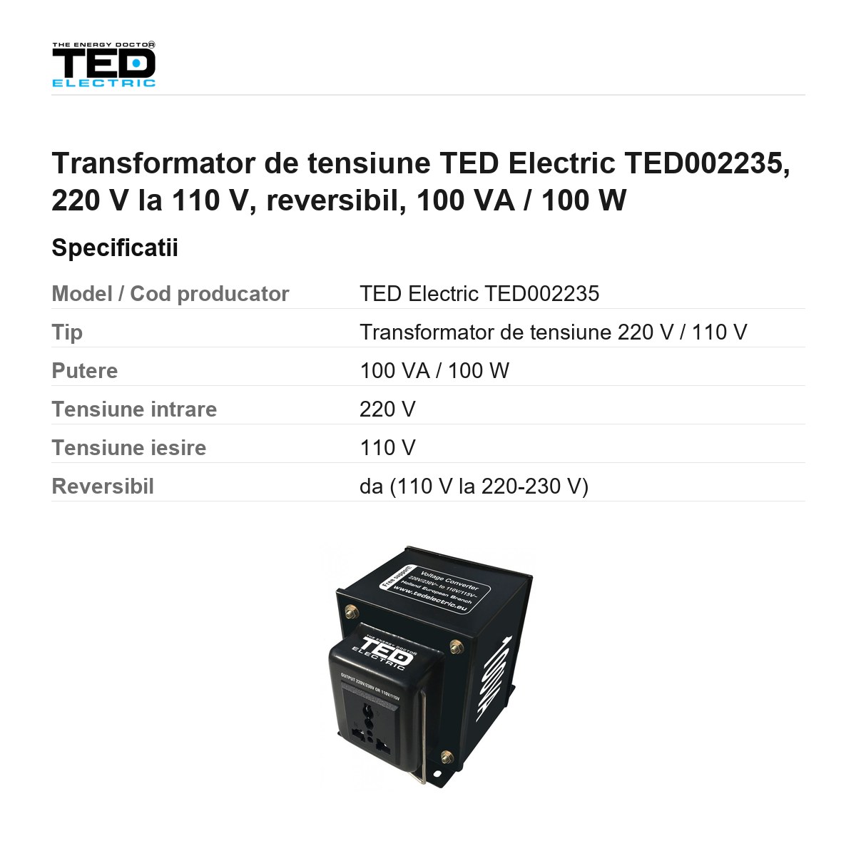 Transformator de tensiune TED Electric TED002235, 220 V la 110 V, reversibil, 100 VA / 100 W [2]