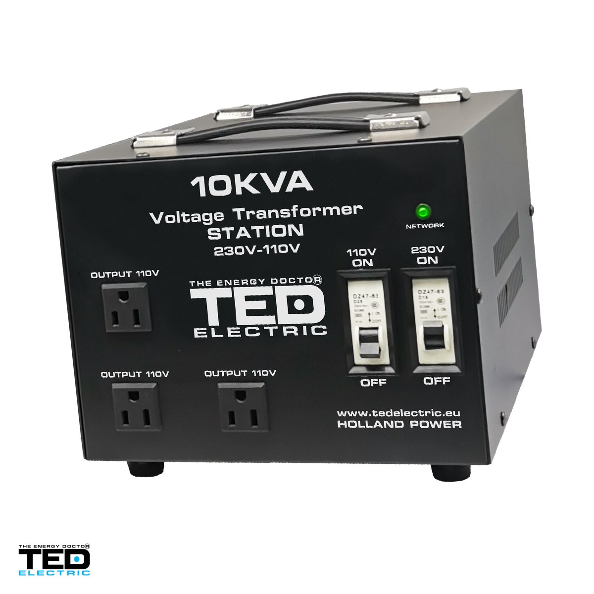 Transformatoare de tensiune 220V-110V - Transformator de tensiune TED Electric TED000231, 230 V la 110-115 V, reversibil, 10 kVA / 8000 W, carcasa cu 3 prize universale si bloc terminale, 335 x 220 x 230 mm