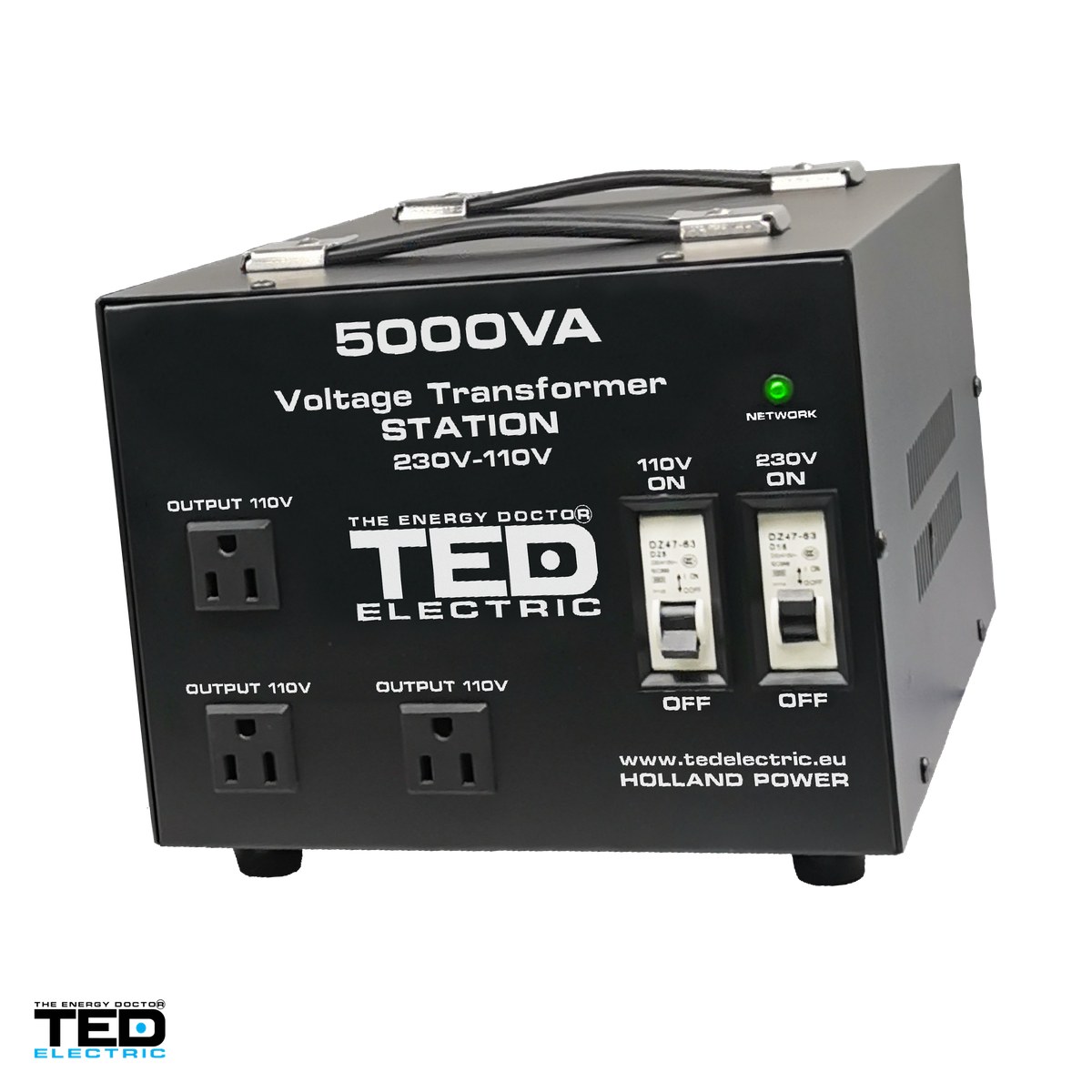 Transformatoare de tensiune 220V-110V - Transformator de tensiune TED Electric TED000255, 230 V la 110-115 V, reversibil, 5000 VA / 4000 W, carcasa cu 3 prize universale si bloc terminale, 285 x 190 x 201 mm