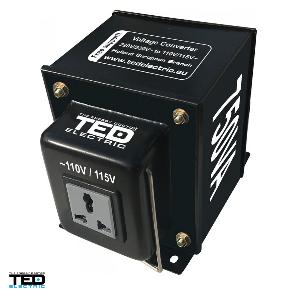 Transformatoare de tensiune 220V-110V - Transformator de tensiune TED Electric TED003690, 230 V la 110-115 V, reversibil, 750 VA / 750 W, tip bloc, 1 priza universala, 150 x 130 x 155 mm