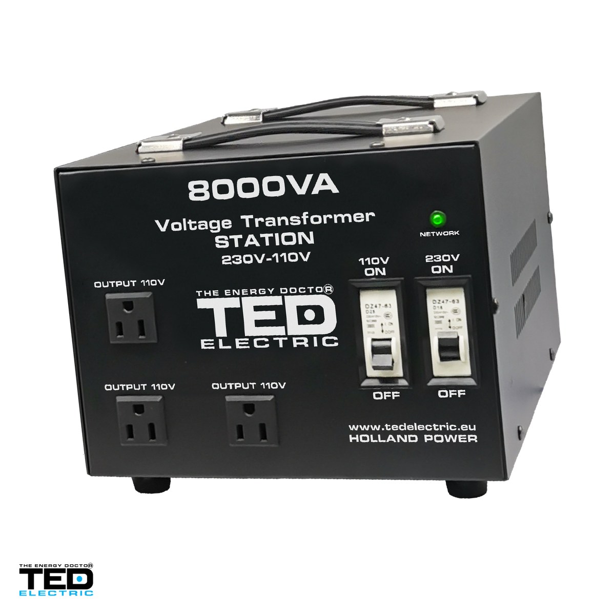 Transformatoare de tensiune 220V-110V - Transformator de tensiune TED Electric TED000262, 230 V la 110-115 V, reversibil, 8000 VA / 6400 W, carcasa cu 3 prize universale si bloc terminale, 335 x 220 x 230 mm