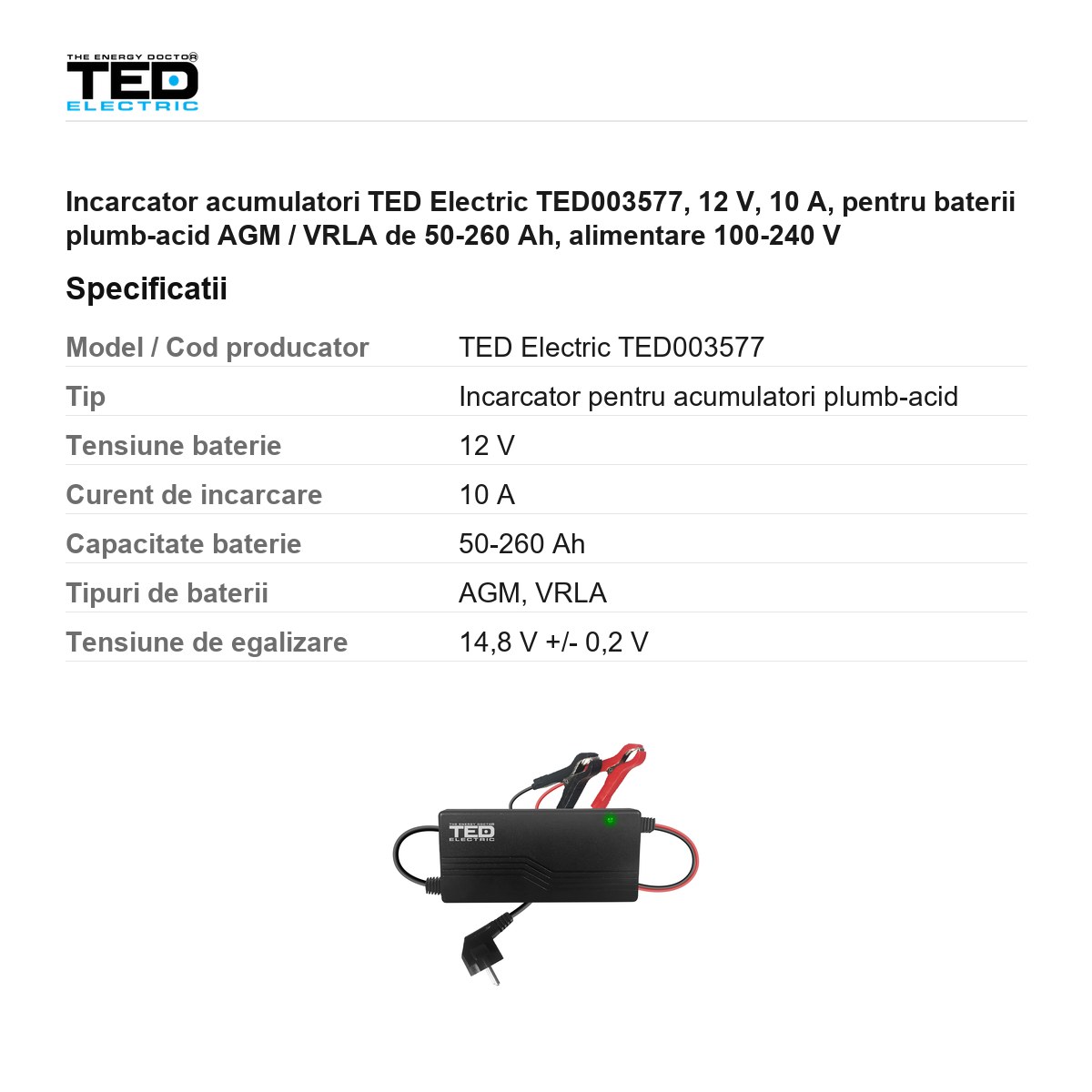 Incarcator acumulatori TED Electric TED003577, 12 V, 10 A, pentru baterii plumb-acid AGM / VRLA de 50-260 Ah, alimentare 100-240 V [2]