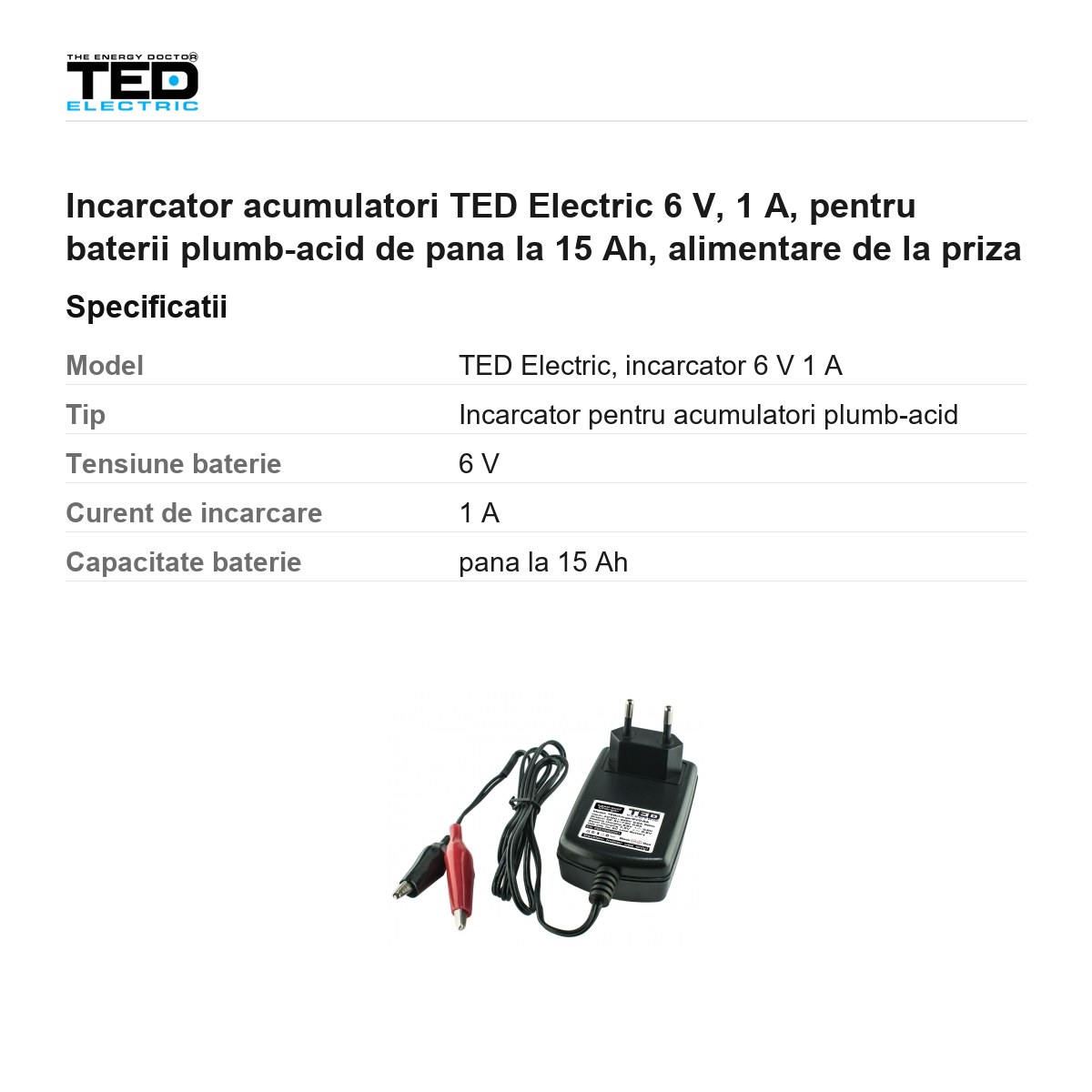 Incarcator acumulatori TED Electric 6 V, 1 A, pentru baterii plumb-acid de pana la 15 Ah, alimentare de la priza [2]