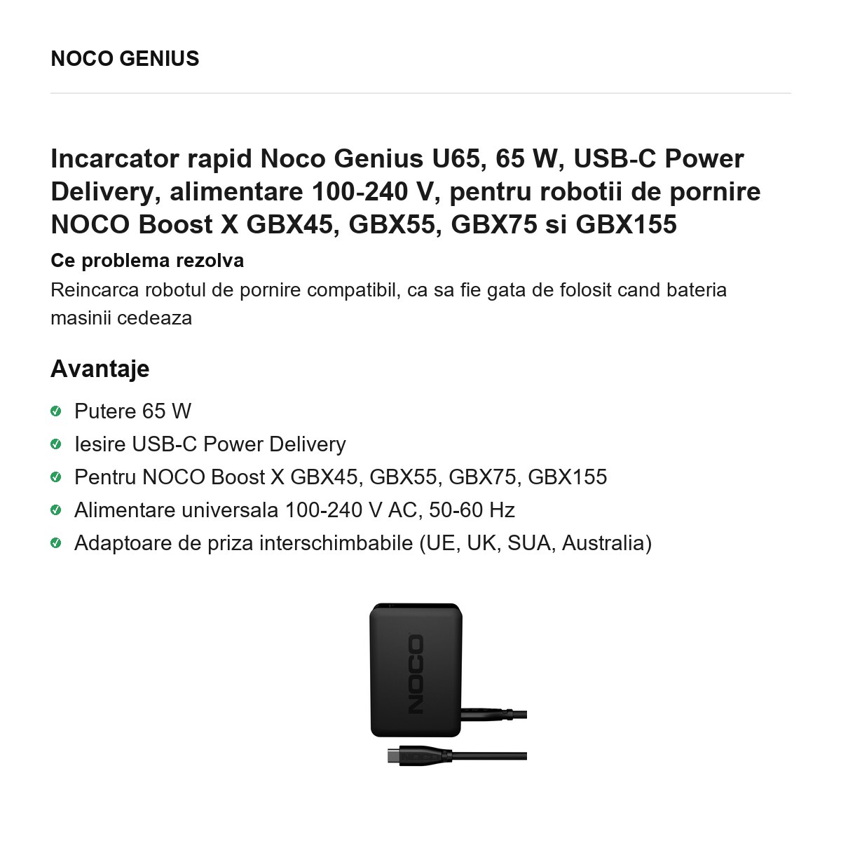Incarcator rapid Noco Genius U65, 65 W, USB-C Power Delivery, alimentare 100-240 V, pentru robotii de pornire NOCO Boost X GBX45, GBX55, GBX75 si GBX155 [1]