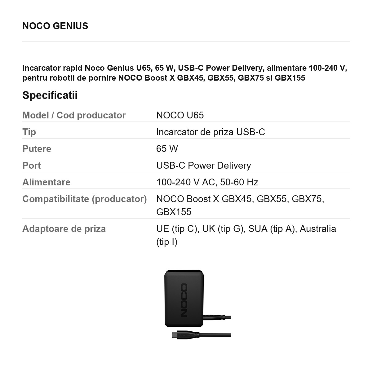Incarcator rapid Noco Genius U65, 65 W, USB-C Power Delivery, alimentare 100-240 V, pentru robotii de pornire NOCO Boost X GBX45, GBX55, GBX75 si GBX155 [2]