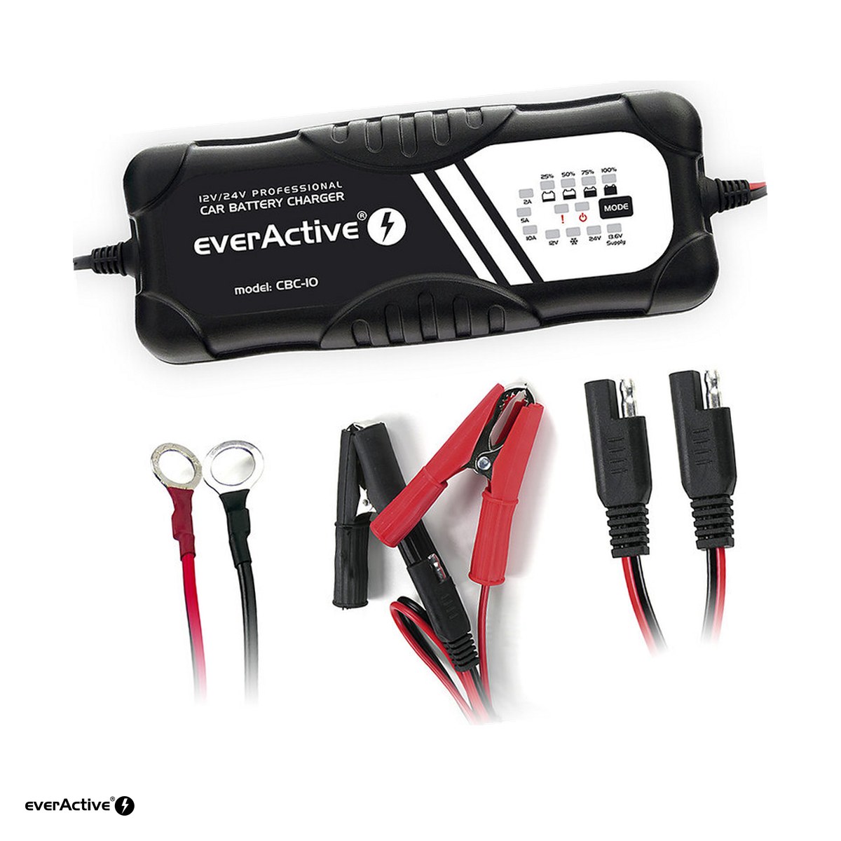 Redresoare si jump startere - Redresor auto everActive CBC-10, 12 V / 24 V, curent 2 A, 5 A sau 10 A, pentru baterii plumb-acid, AGM, GEL de 10-300 Ah, cu clesti si papuci