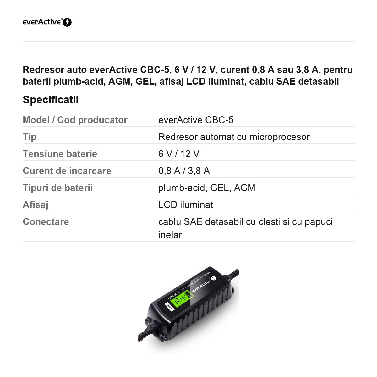 Redresor auto everActive CBC-5, 6 V / 12 V, curent 0,8 A sau 3,8 A, pentru baterii plumb-acid, AGM, GEL, afisaj LCD iluminat, cablu SAE detasabil [2]