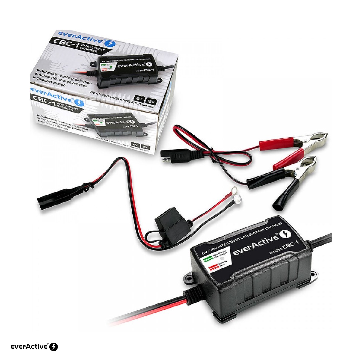 Redresor auto everActive CBC-1, 6 V / 12 V, curent 1 A, pentru baterii plumb-acid, AGM, GEL, EFB de la 1,2 Ah, cablu SAE detasabil, 95 x 58 x 33 mm [3]