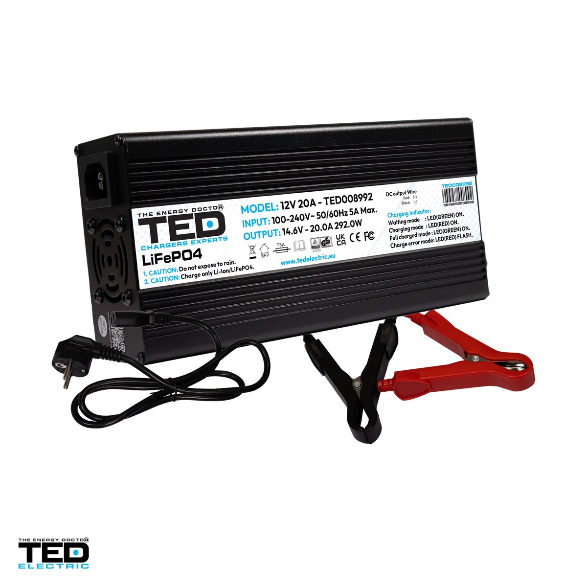 Redresoare si jump startere - Incarcator smart TED Electric TED008992 pentru baterii LiFePO4 12 V, tensiune de incarcare 14,6 V, 20 A, 292 W, incarcare in 3 etape, 235 x 100 x 54 mm