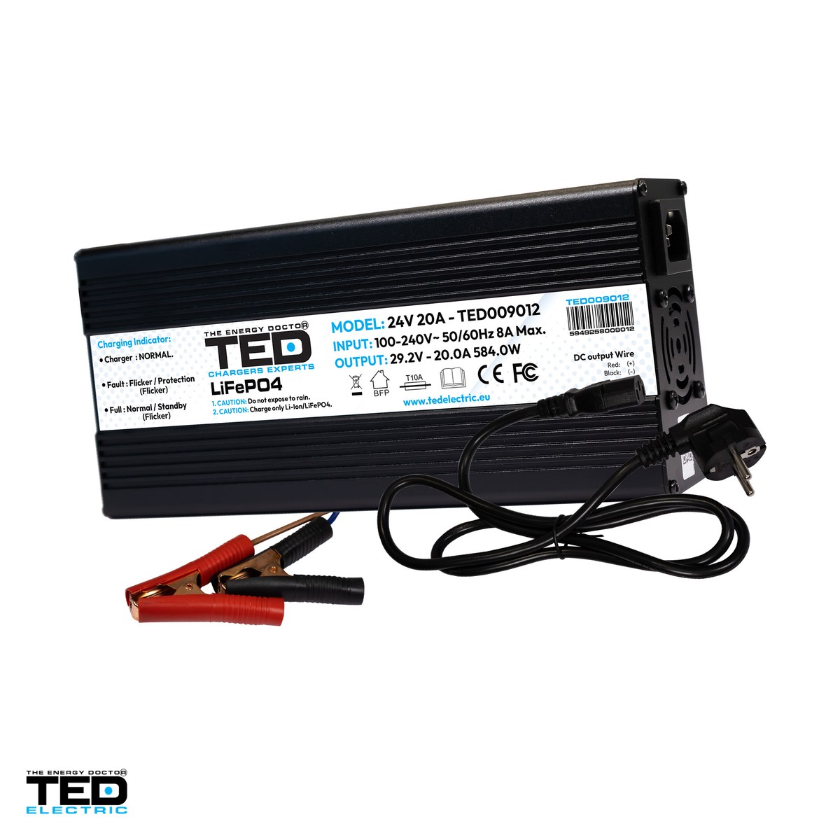 Redresoare si jump startere - Incarcator smart TED Electric TED009012 pentru baterii LiFePO4 24 V, tensiune de incarcare 29,2 V, 20 A, 584 W, incarcare in 3 etape, 215 x 100 x 54 mm