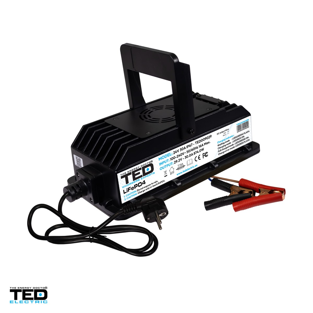 Redresoare si jump startere - Incarcator smart Fast TED Electric TED009029 pentru baterii LiFePO4 24 V, tensiune de incarcare 29,2 V, 30 A, 876 W, incarcare in 3 etape, 292 x 116 x 81,1 mm