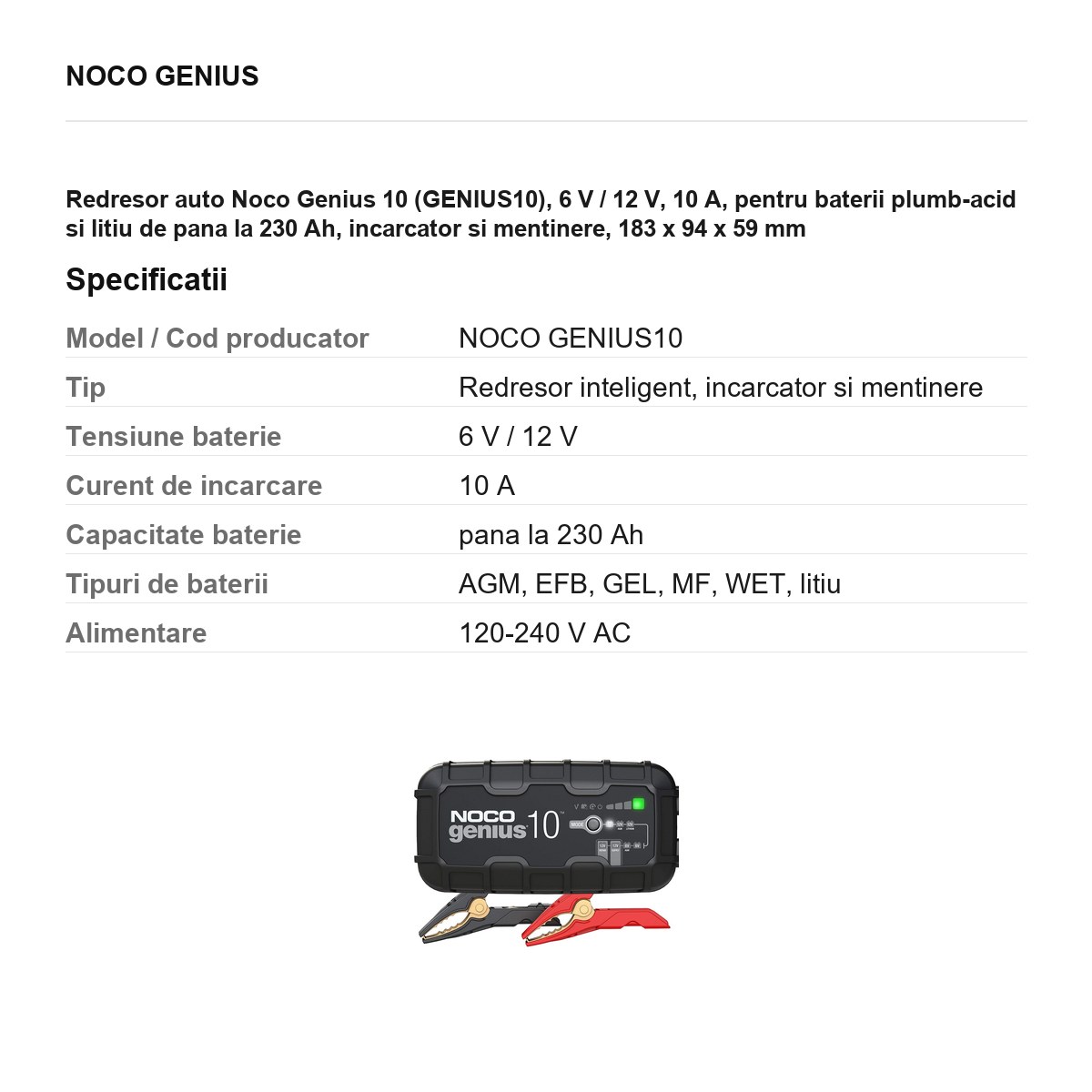 Redresor auto Noco Genius 10 (GENIUS10), 6 V / 12 V, 10 A, pentru baterii plumb-acid si litiu de pana la 230 Ah, incarcator si mentinere, 183 x 94 x 59 mm [2]