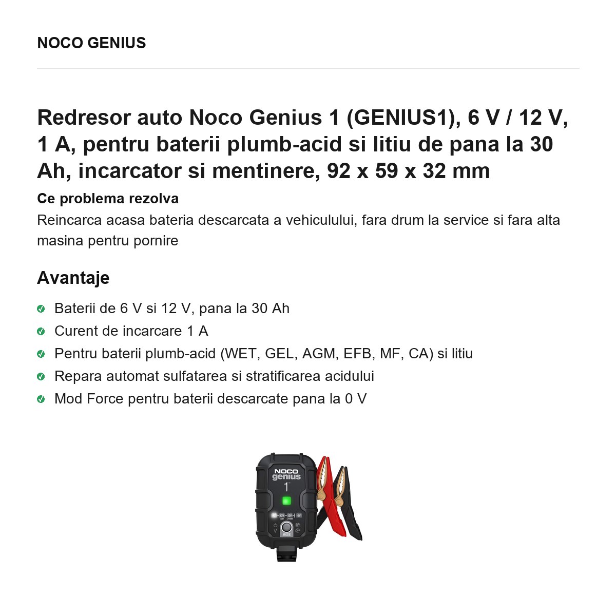 Redresor auto Noco Genius 1 (GENIUS1), 6 V / 12 V, 1 A, pentru baterii plumb-acid si litiu de pana la 30 Ah, incarcator si mentinere, 92 x 59 x 32 mm [1]