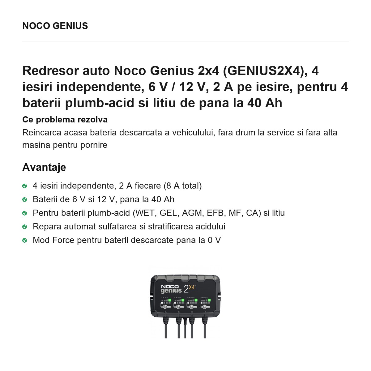 Redresor auto Noco Genius 2x4 (GENIUS2X4), 4 iesiri independente, 6 V / 12 V, 2 A pe iesire, pentru 4 baterii plumb-acid si litiu de pana la 40 Ah [1]