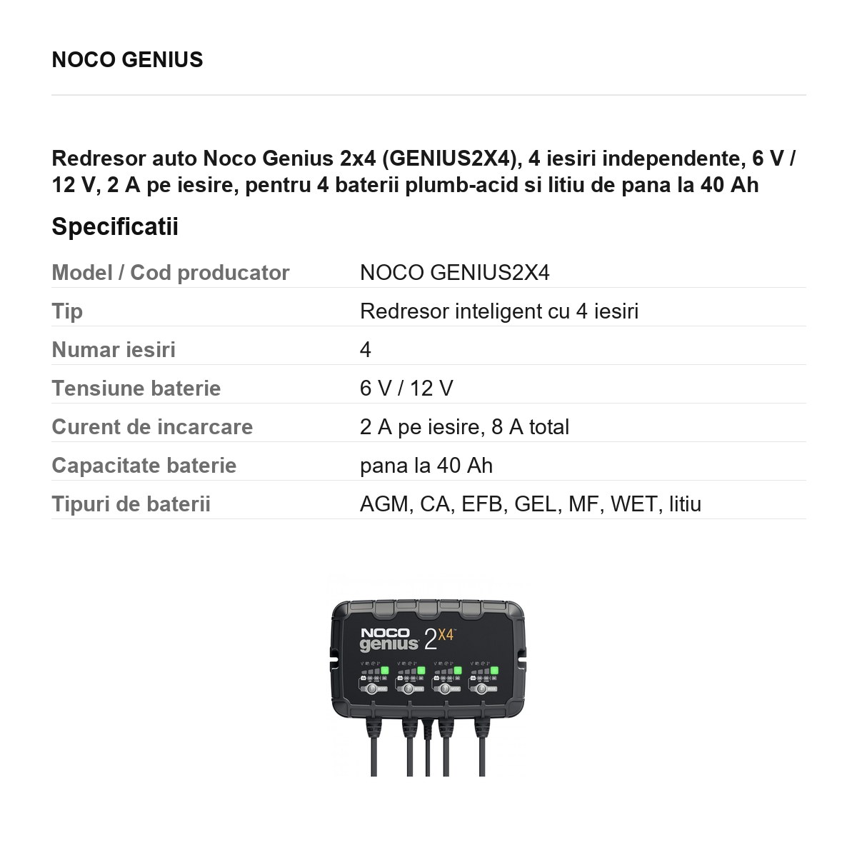 Redresor auto Noco Genius 2x4 (GENIUS2X4), 4 iesiri independente, 6 V / 12 V, 2 A pe iesire, pentru 4 baterii plumb-acid si litiu de pana la 40 Ah [2]