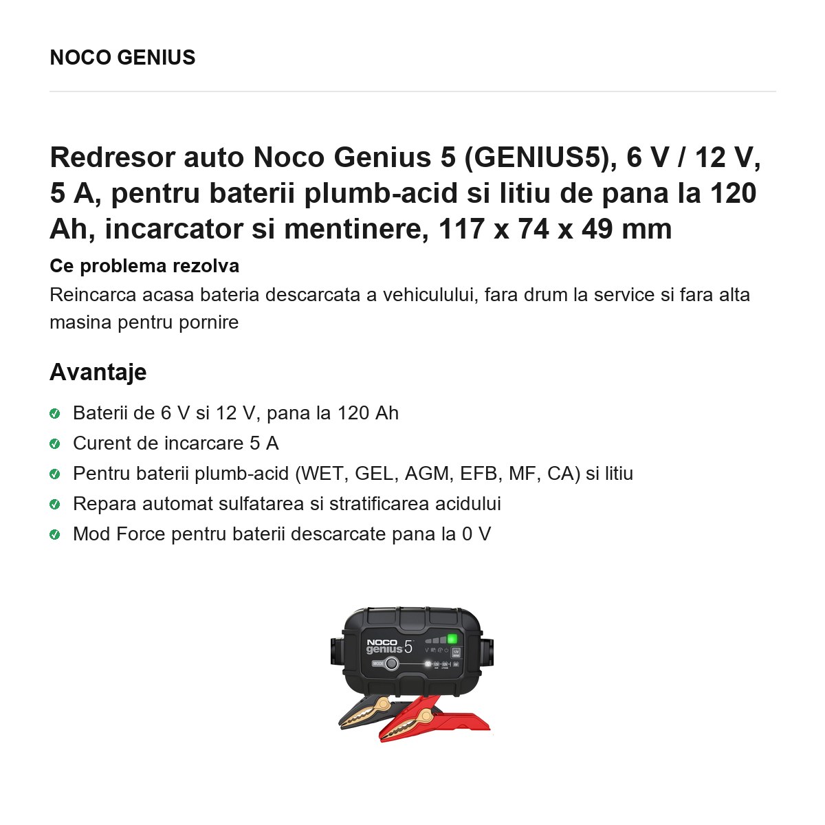 Redresor auto Noco Genius 5 (GENIUS5), 6 V / 12 V, 5 A, pentru baterii plumb-acid si litiu de pana la 120 Ah, incarcator si mentinere, 117 x 74 x 49 mm [1]