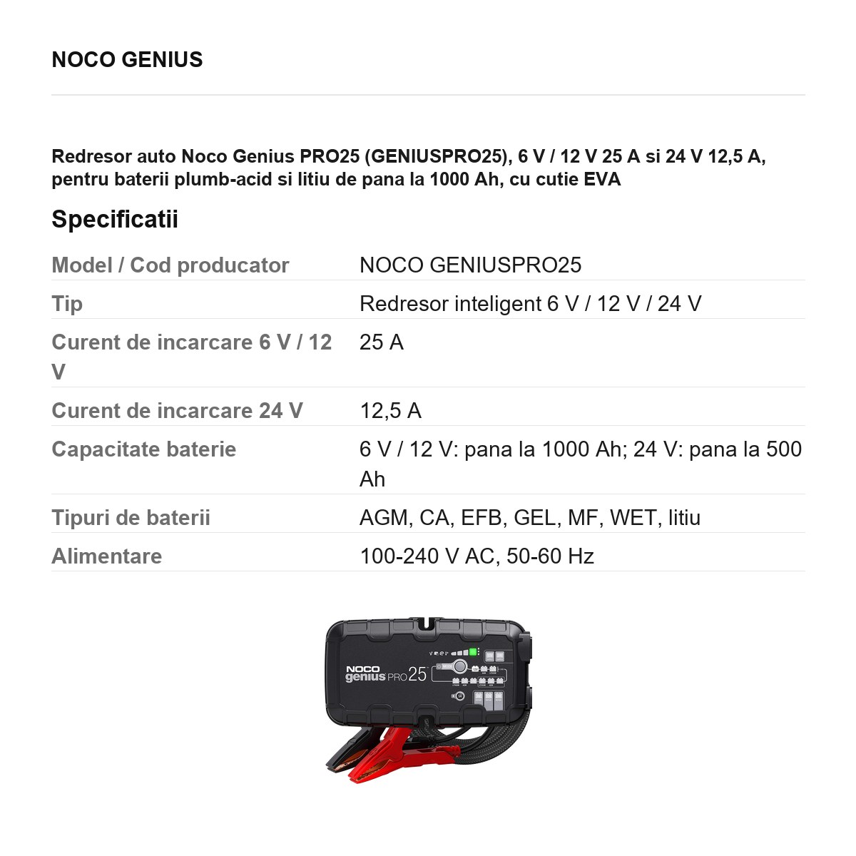 Redresor auto Noco Genius PRO25 (GENIUSPRO25), 6 V / 12 V 25 A si 24 V 12,5 A, pentru baterii plumb-acid si litiu de pana la 1000 Ah, cu cutie EVA [2]