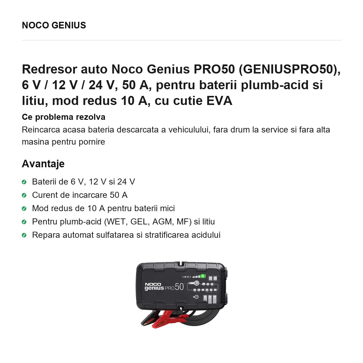 Redresor auto Noco Genius PRO50 (GENIUSPRO50), 6 V / 12 V / 24 V, 50 A, pentru baterii plumb-acid si litiu, mod redus 10 A, cu cutie EVA [1]