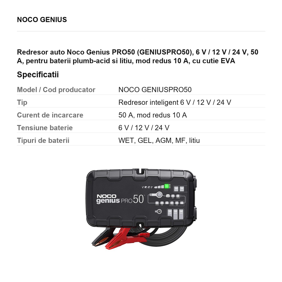 Redresor auto Noco Genius PRO50 (GENIUSPRO50), 6 V / 12 V / 24 V, 50 A, pentru baterii plumb-acid si litiu, mod redus 10 A, cu cutie EVA [2]