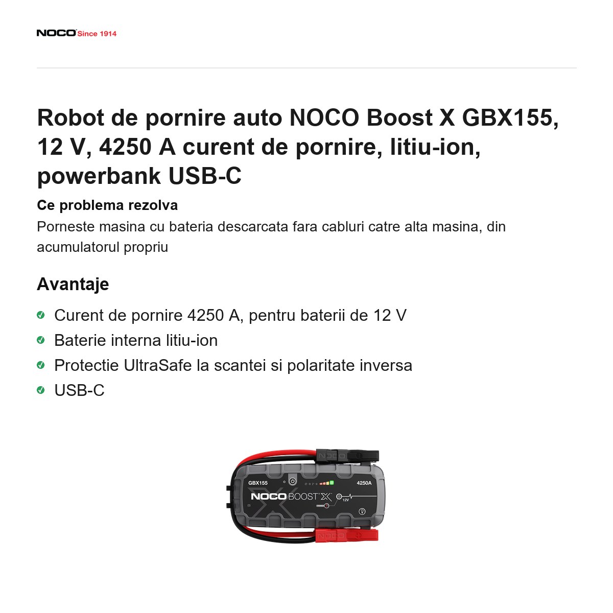Robot de pornire auto NOCO Boost X GBX155, 12 V, 4250 A curent de pornire, litiu-ion, powerbank USB-C [1]