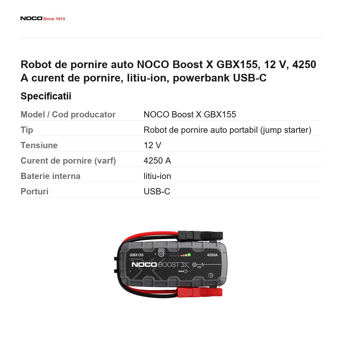 Robot de pornire auto NOCO Boost X GBX155, 12 V, 4250 A curent de pornire, litiu-ion, powerbank USB-C [2]