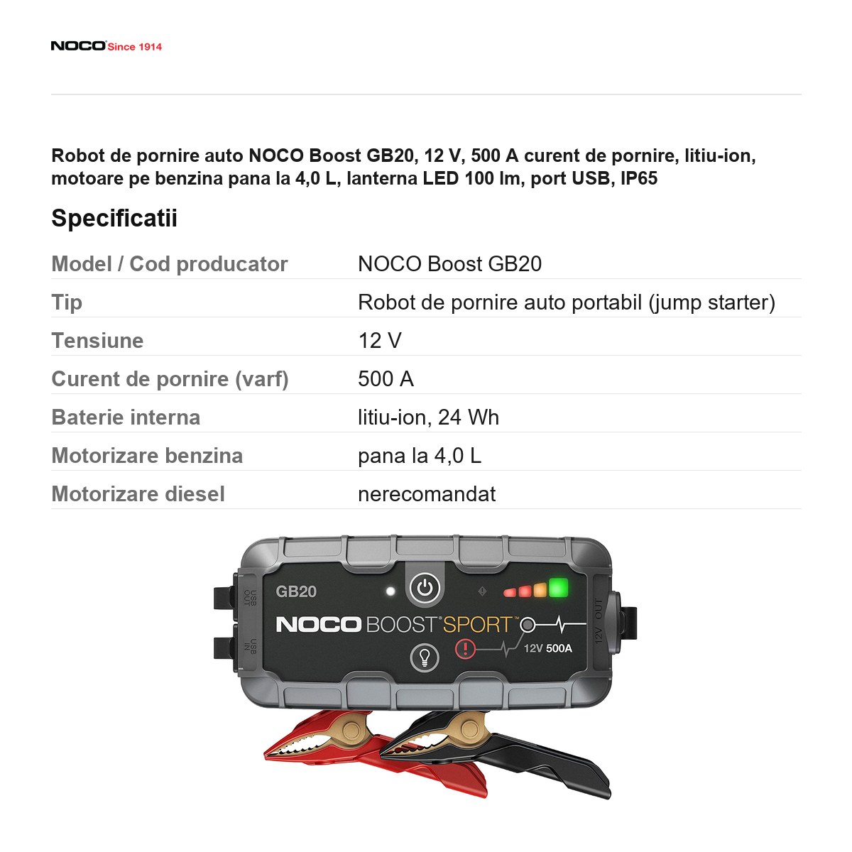 Robot de pornire auto NOCO Boost GB20, 12 V, 500 A curent de pornire, litiu-ion, motoare pe benzina pana la 4,0 L, lanterna LED 100 lm, port USB, IP65 [2]