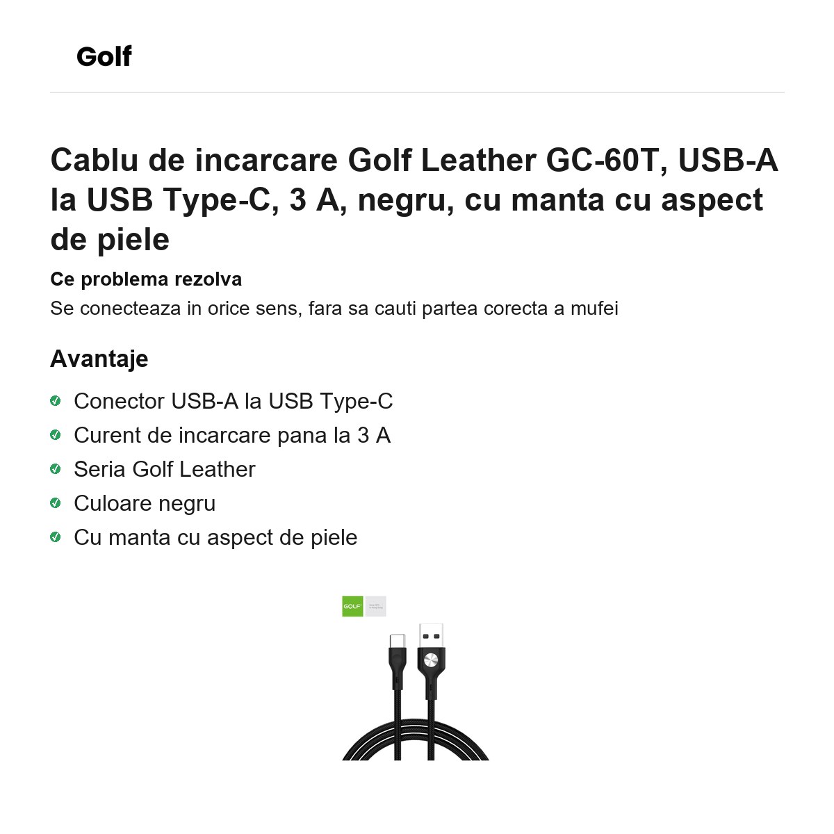 Cablu de incarcare Golf Leather GC-60T, USB-A la USB Type-C, 3 A, negru, cu manta cu aspect de piele [1]