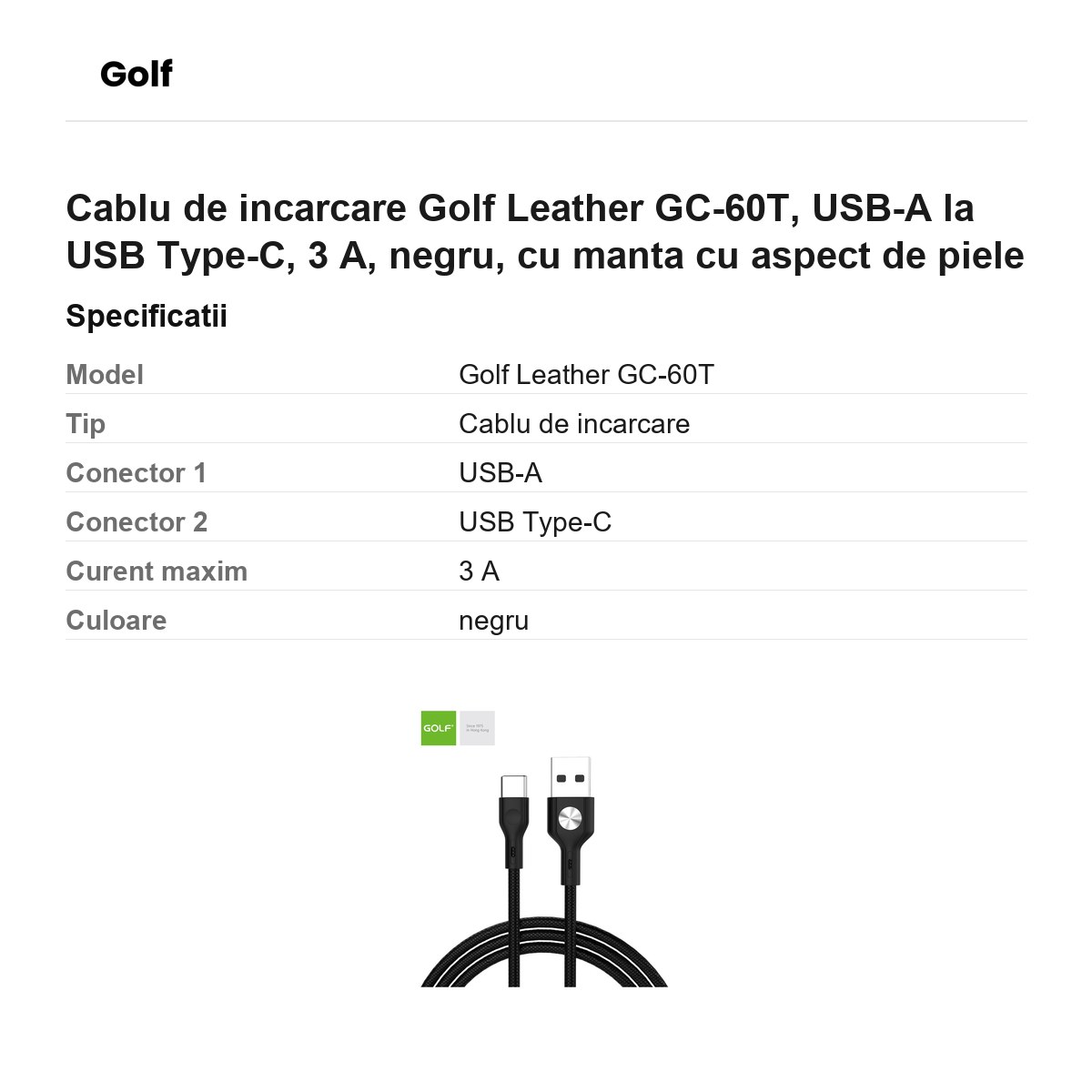 Cablu de incarcare Golf Leather GC-60T, USB-A la USB Type-C, 3 A, negru, cu manta cu aspect de piele [2]