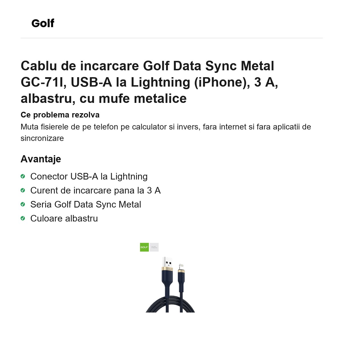 Cablu de incarcare Golf Data Sync Metal GC-71I, USB-A la Lightning (iPhone), 3 A, albastru, cu mufe metalice [1]