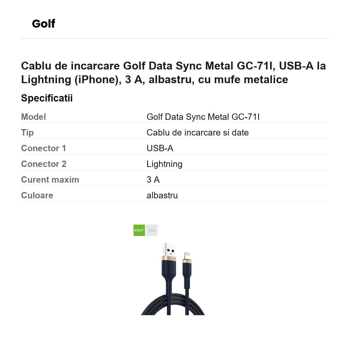 Cablu de incarcare Golf Data Sync Metal GC-71I, USB-A la Lightning (iPhone), 3 A, albastru, cu mufe metalice [2]