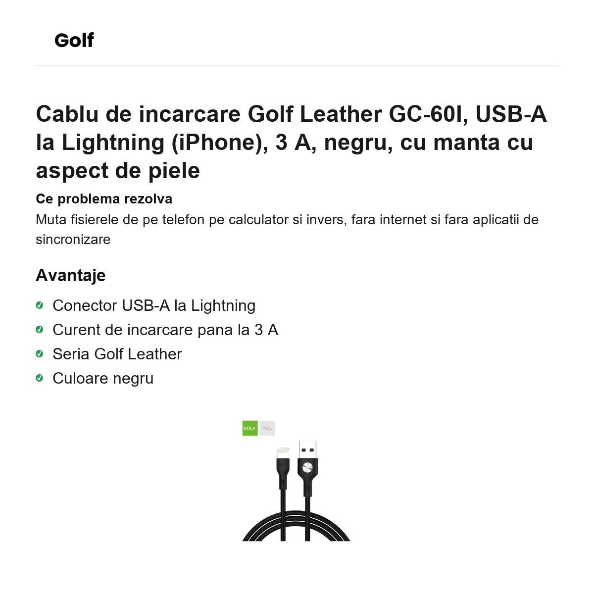 Cablu de incarcare Golf Leather GC-60I, USB-A la Lightning (iPhone), 3 A, negru, cu manta cu aspect de piele [1]