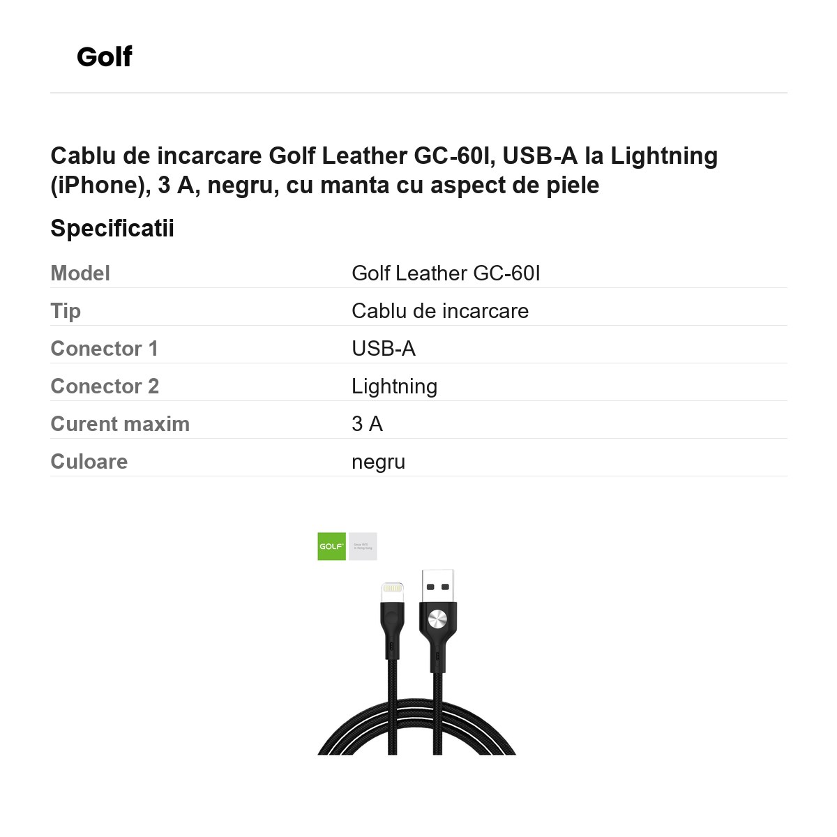 Cablu de incarcare Golf Leather GC-60I, USB-A la Lightning (iPhone), 3 A, negru, cu manta cu aspect de piele [2]