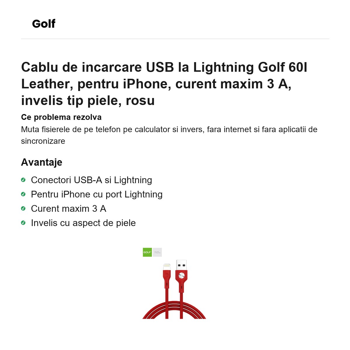 Cablu de incarcare USB la Lightning Golf 60I Leather, pentru iPhone, curent maxim 3 A, invelis tip piele, rosu [1]