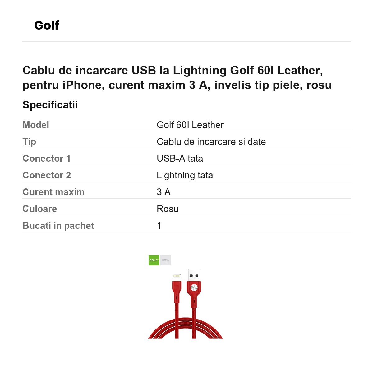 Cablu de incarcare USB la Lightning Golf 60I Leather, pentru iPhone, curent maxim 3 A, invelis tip piele, rosu [2]