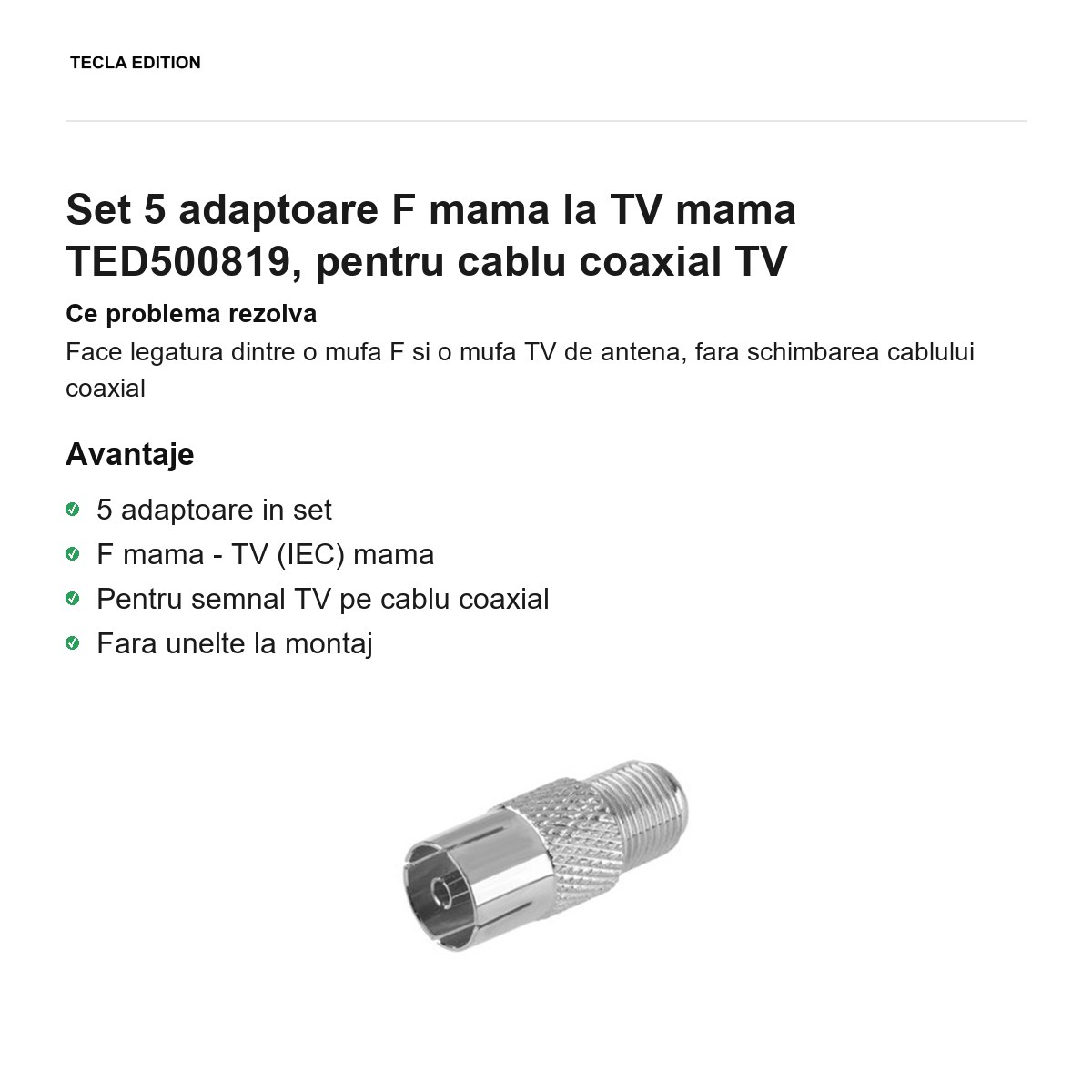 Set 5 adaptoare F mama la TV mama TED500819, pentru cablu coaxial TV [1]