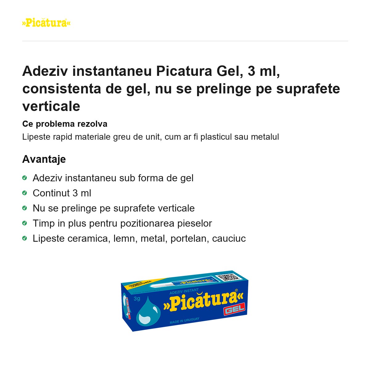 Adeziv instantaneu Picatura Gel, 3 ml, consistenta de gel, nu se prelinge pe suprafete verticale [1]