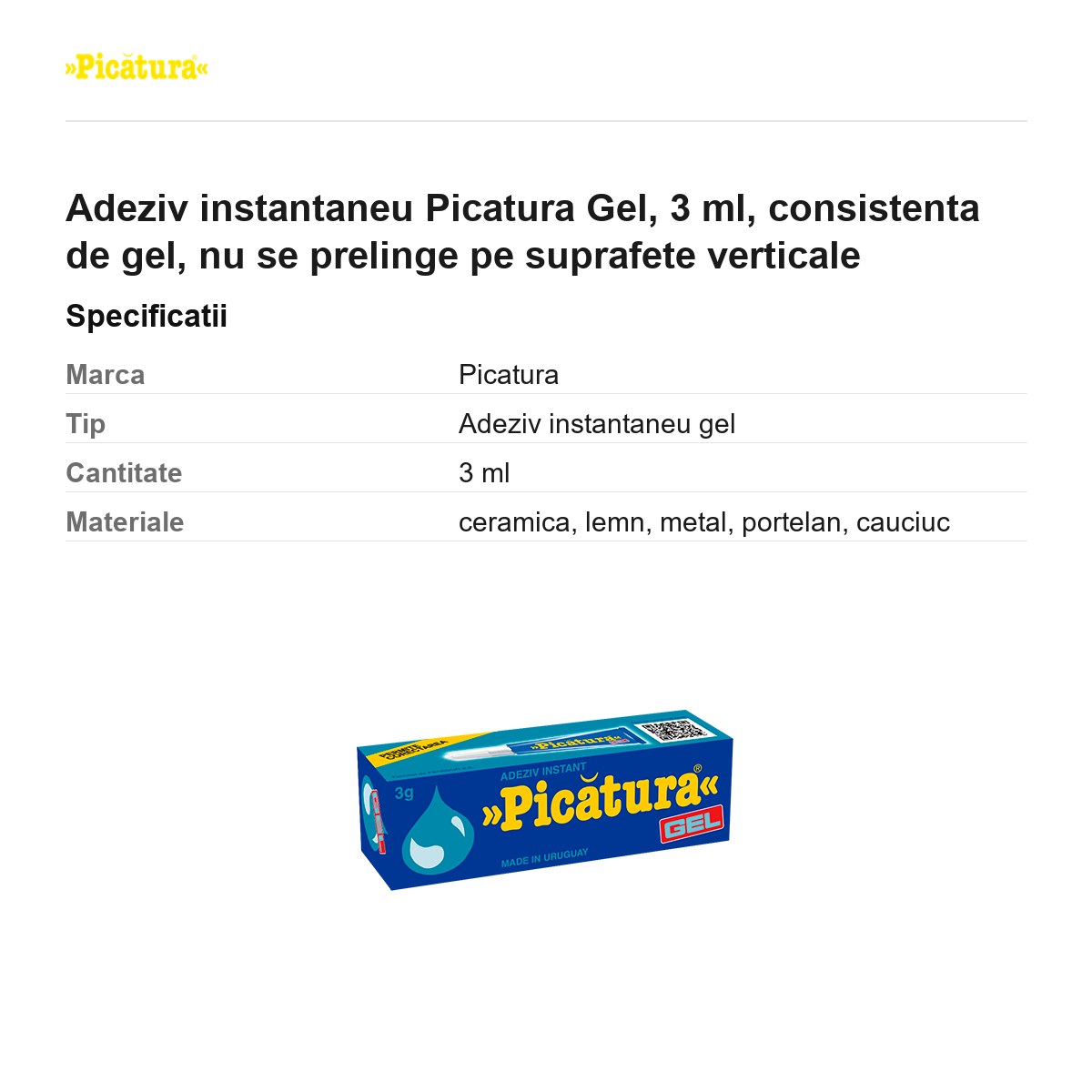 Adeziv instantaneu Picatura Gel, 3 ml, consistenta de gel, nu se prelinge pe suprafete verticale [2]