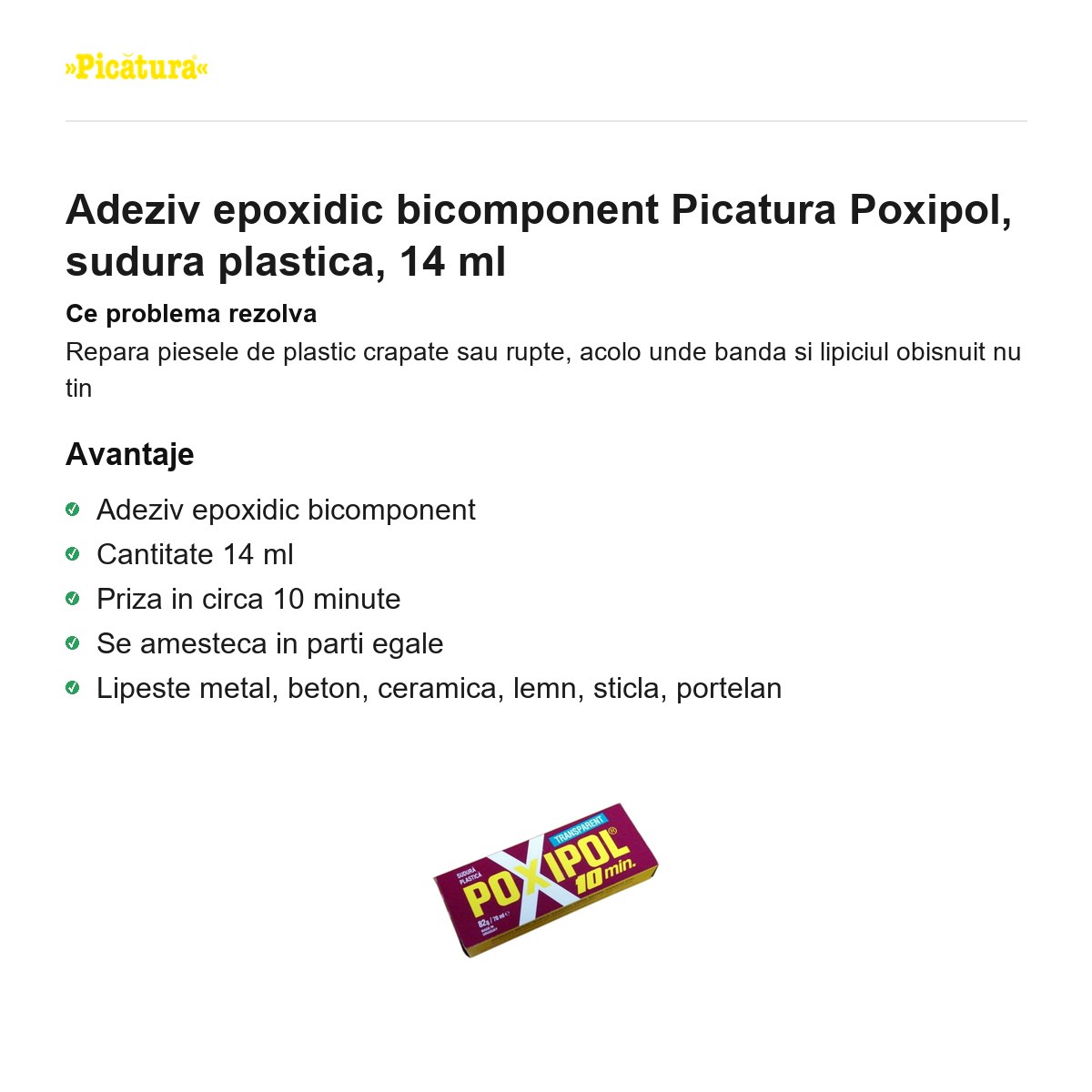 Adeziv epoxidic bicomponent Picatura Poxipol, sudura plastica, 14 ml [1]