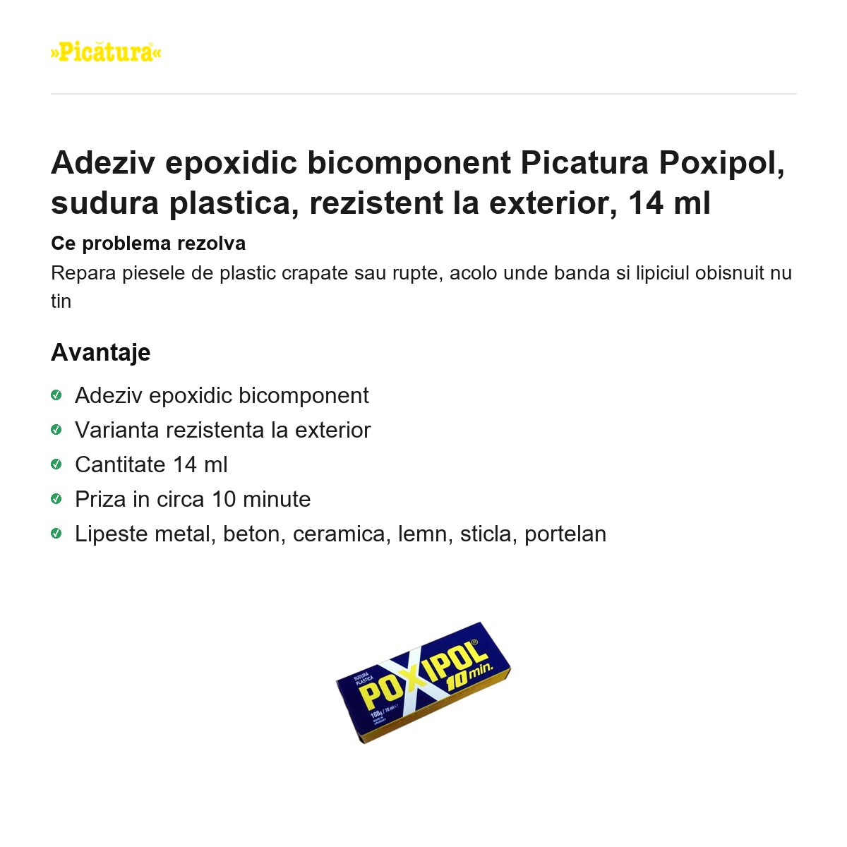 Adeziv epoxidic bicomponent Picatura Poxipol, sudura plastica, rezistent la exterior, 14 ml [1]