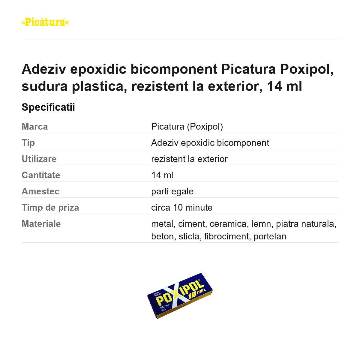 Adeziv epoxidic bicomponent Picatura Poxipol, sudura plastica, rezistent la exterior, 14 ml [2]