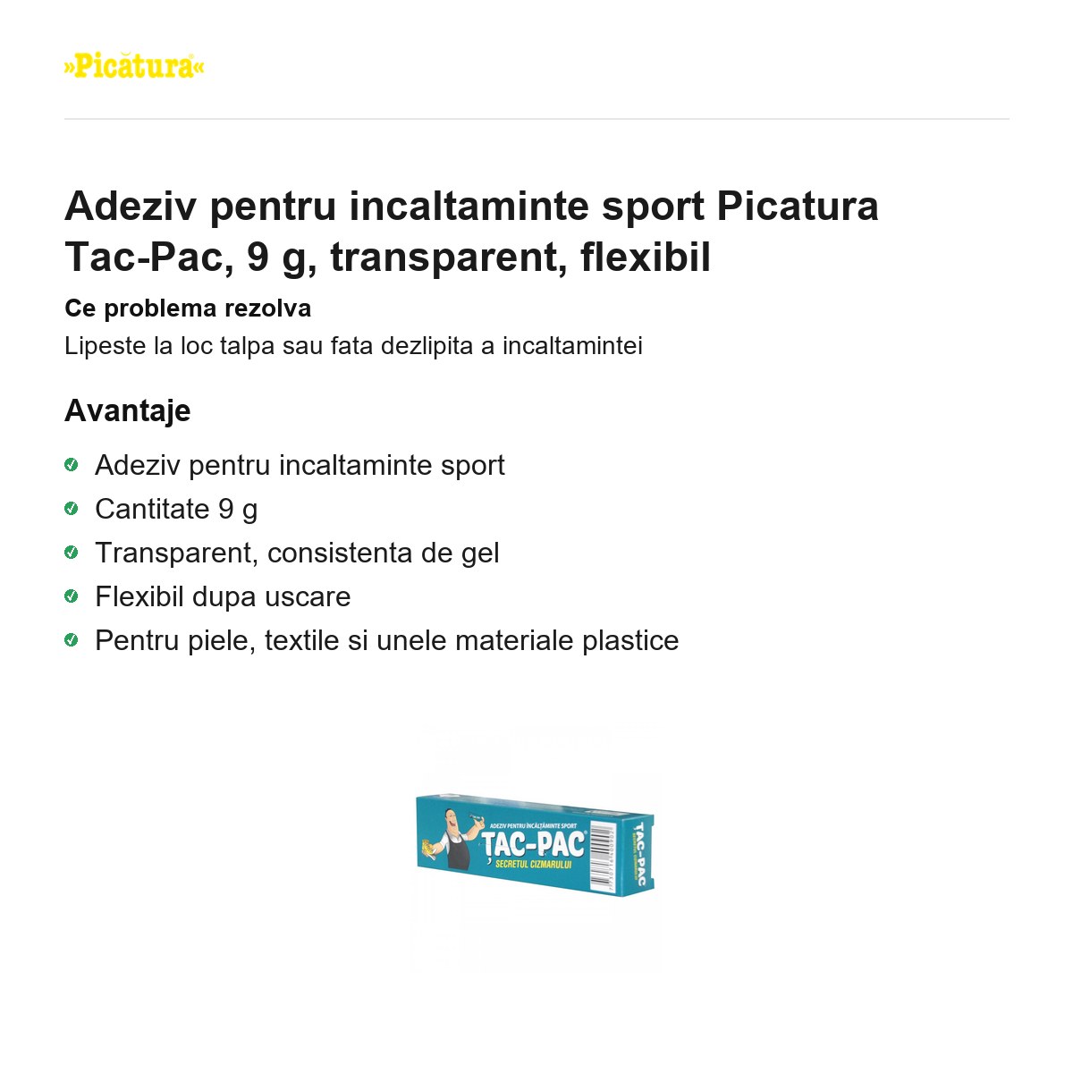 Adeziv pentru incaltaminte sport Picatura Tac-Pac, 9 g, transparent, flexibil [1]