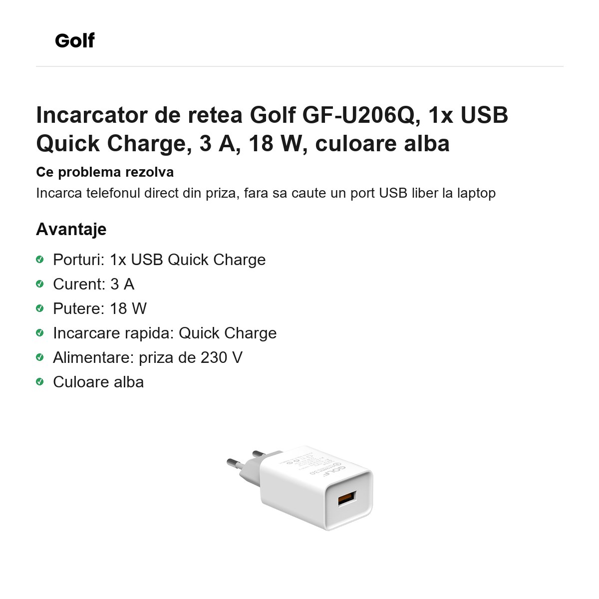 Incarcator de retea Golf GF-U206Q, 1x USB Quick Charge, 3 A, 18 W, culoare alba [1]