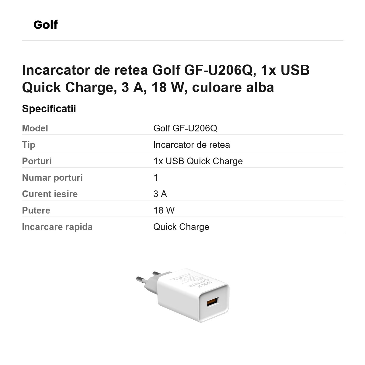 Incarcator de retea Golf GF-U206Q, 1x USB Quick Charge, 3 A, 18 W, culoare alba [2]
