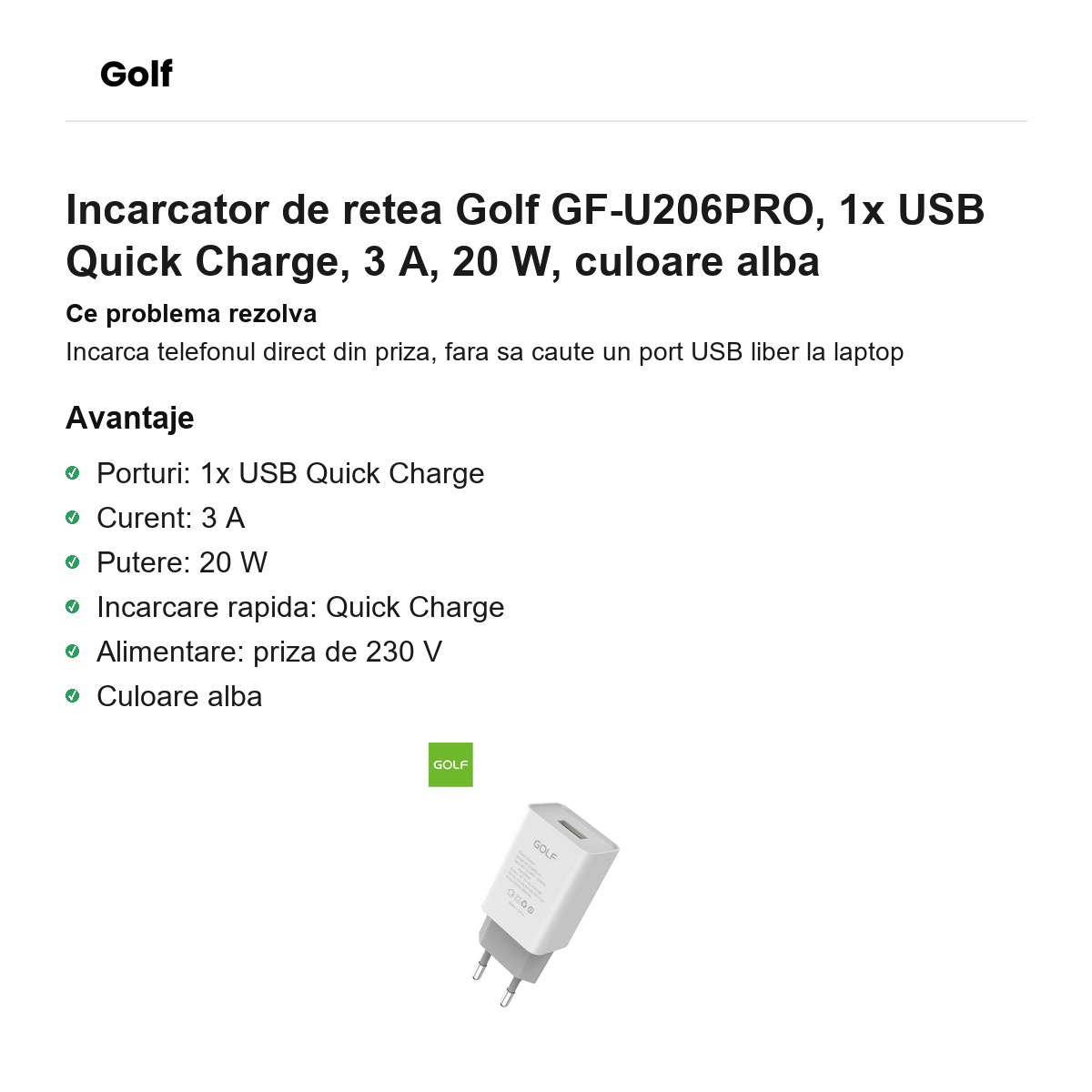 Incarcator de retea Golf GF-U206PRO, 1x USB Quick Charge, 3 A, 20 W, culoare alba [1]