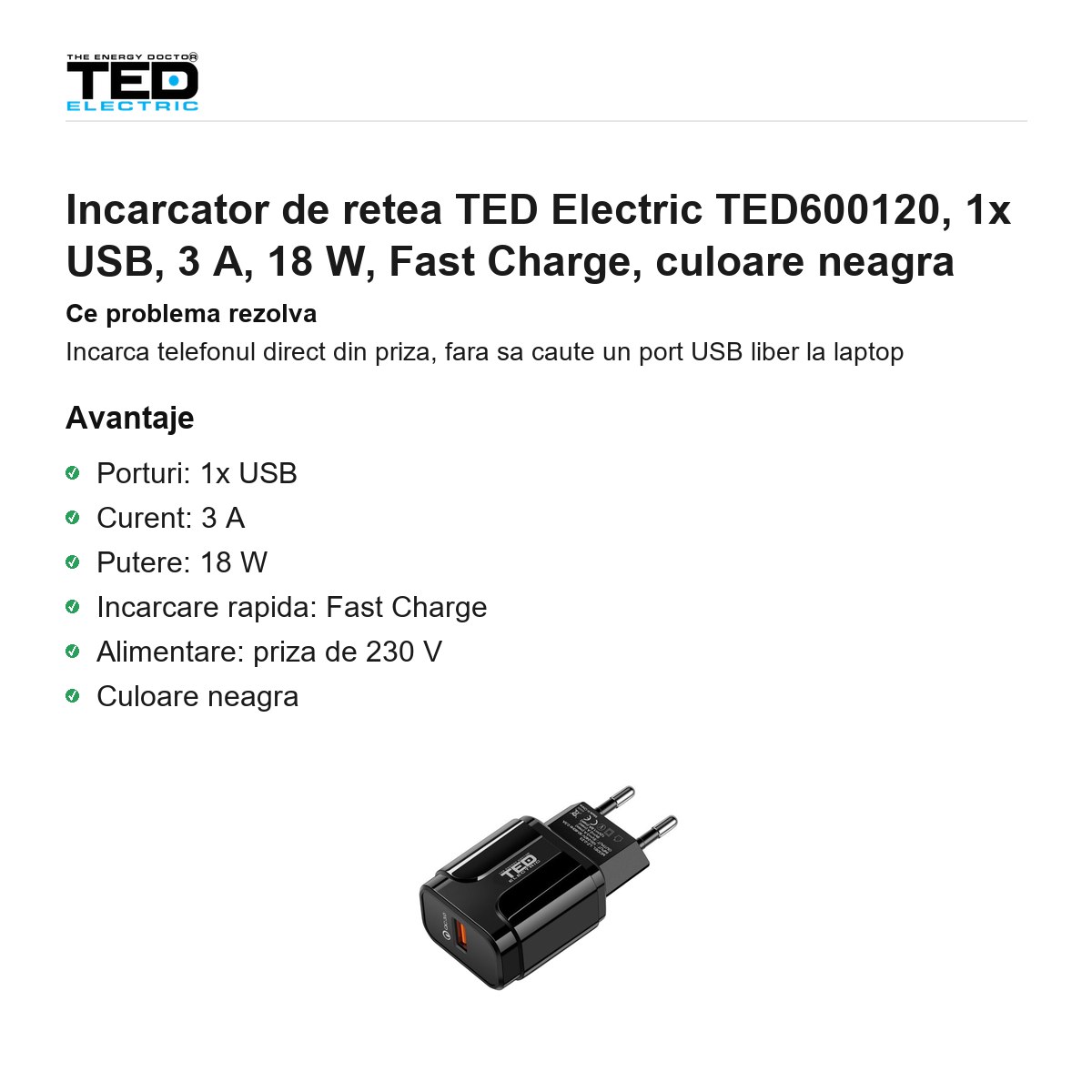 Incarcator de retea TED Electric TED600120, 1x USB, 3 A, 18 W, Fast Charge, culoare neagra [1]