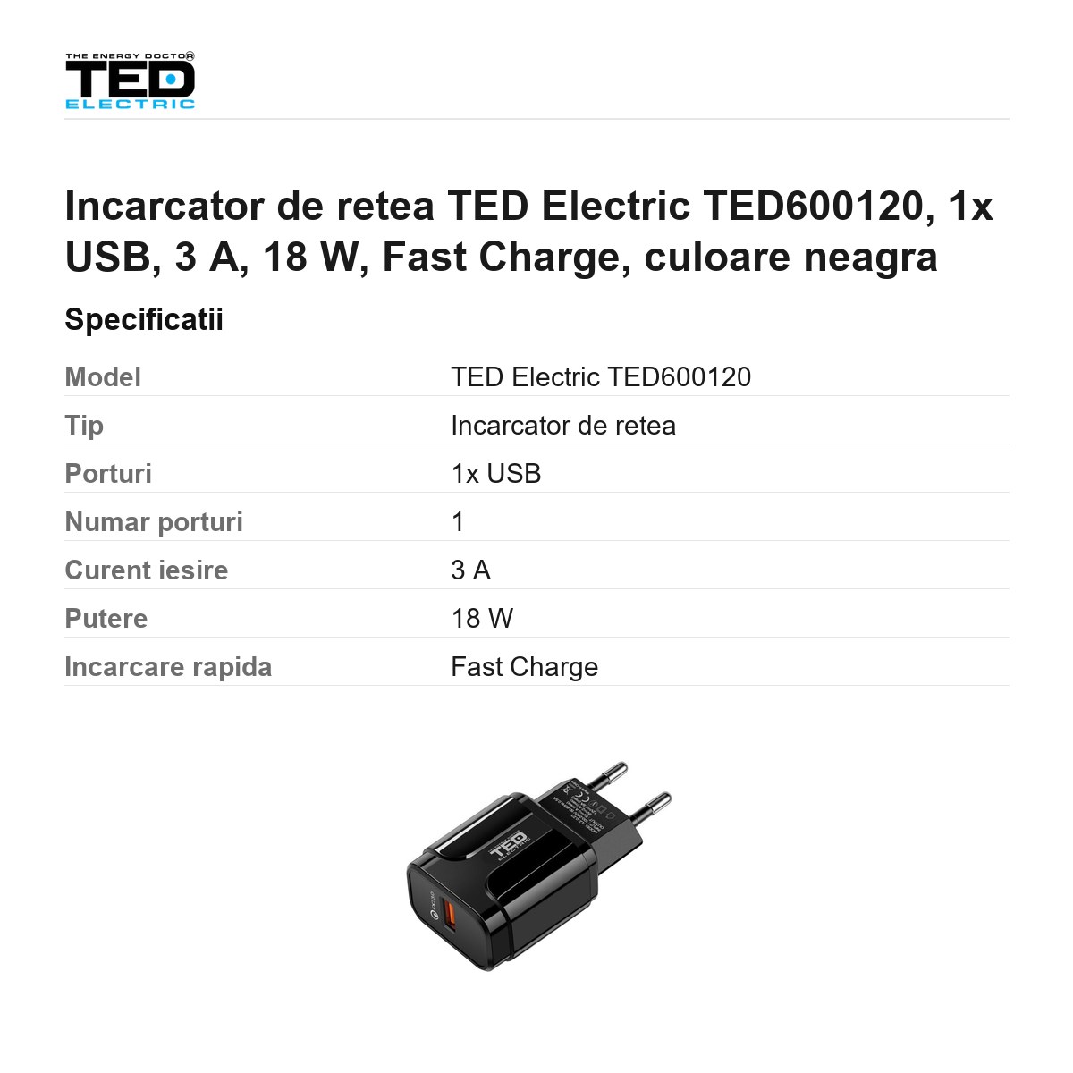 Incarcator de retea TED Electric TED600120, 1x USB, 3 A, 18 W, Fast Charge, culoare neagra [2]