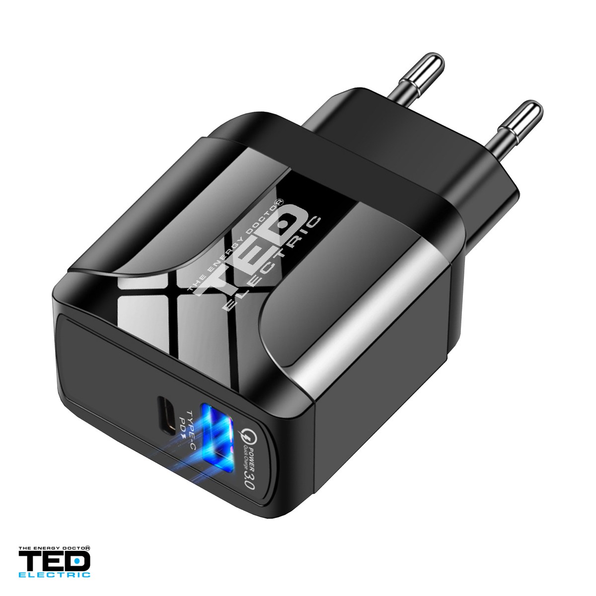 Priza retea - Incarcator de retea TED Electric TED600410, 1x USB-A 3.0 si 1x USB-C PD, 18 W, Fast Charge, culoare neagra