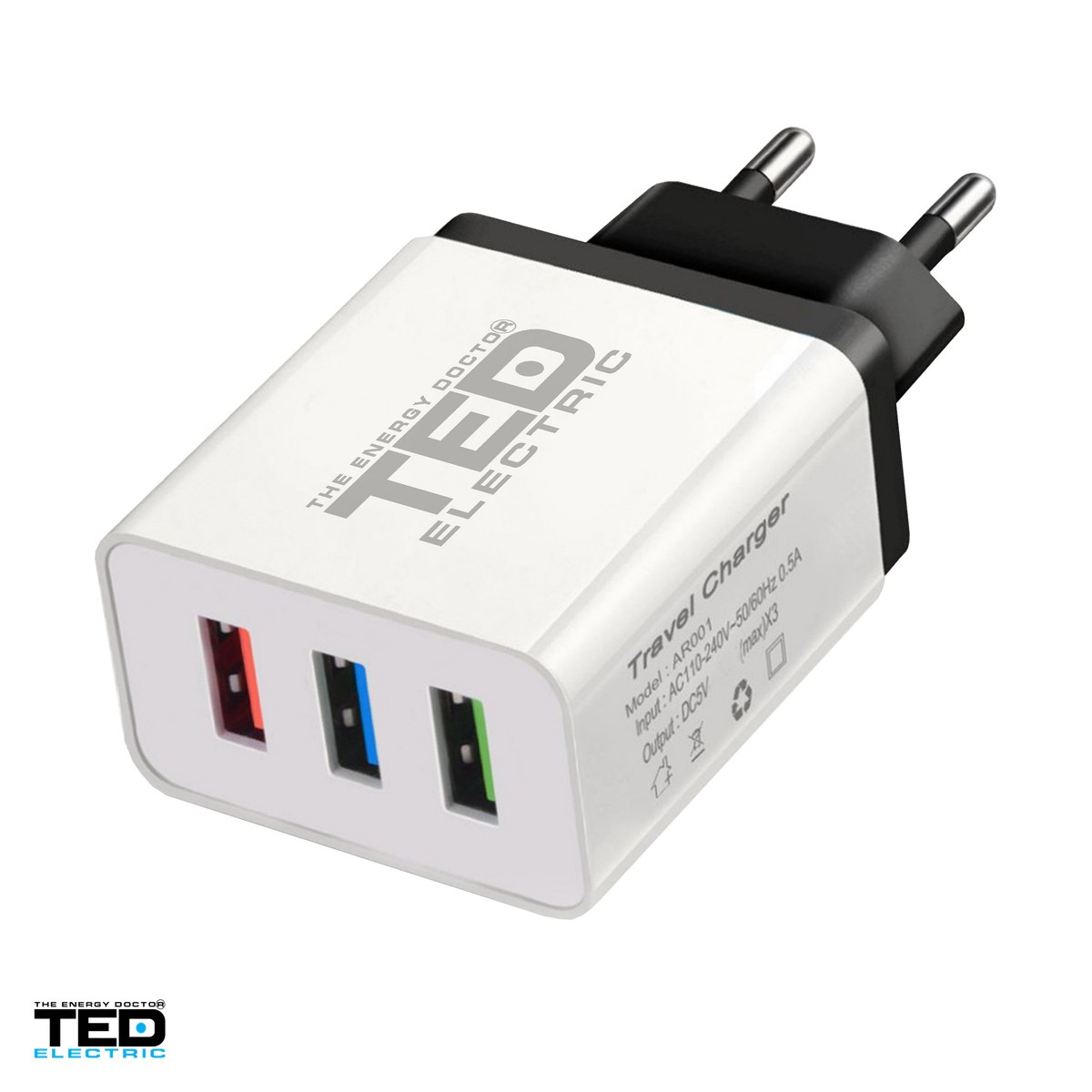 Priza retea - Incarcator de retea TED Electric TED600113, 3x USB, maxim 2,1 A, 10 W, culoare alba